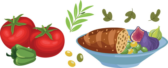 Mediterranean Diet Ingredients – Flat Vector Illustration with Tomatoes, Figs, Bread, and Olives