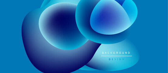 Abstract blue shapes overlap, creating fluid gradients. Modern design evokes depth, movement, visual interest. Background suggests technology, innovation.