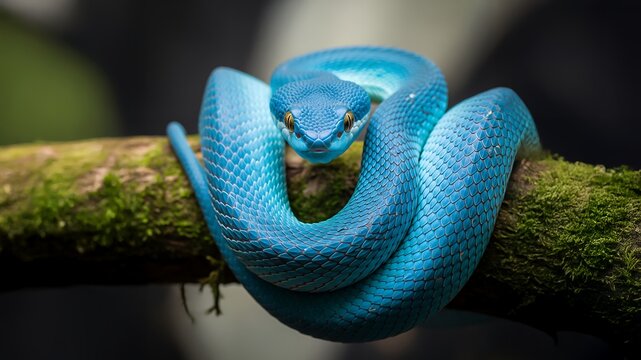 Green tree python, a vibrant reptile, coils on a forest branch, showcasing its scales and wild nature