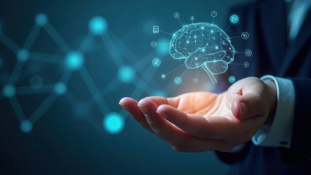 LLM Large Language Model and AI technology concept. Man holds LLM icons, artificial intelligence, deep learning, machine learning, NLP natural language processing, Chat AI, Chatbot.