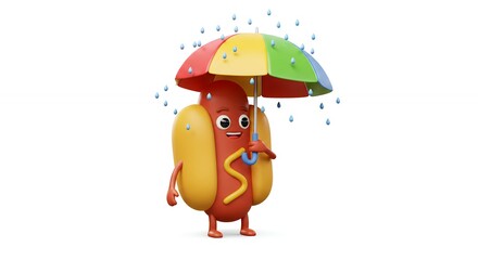 Hot dog character with umbrella in rain