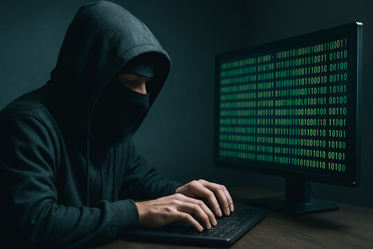 Cyber Intrusion: A hooded figure engrossed in coding on a computer, with lines of digital code filling the screen, conveying the atmosphere of online crime and the threat of cybersecurity breaches.