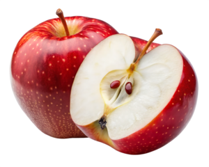 Vibrant red apple whole and halved showing fresh juicy interior and seeds against black background