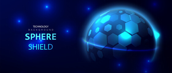 Ai ball protect concept. Sphere shield background. Dome globe barrier technology vector. Cyber protection hexagon shield futuristic design.