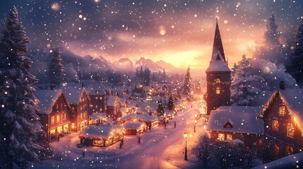 Fototapeta premium Enchanting Snowy Village Aglow with Festive Lights and Christmas Charm