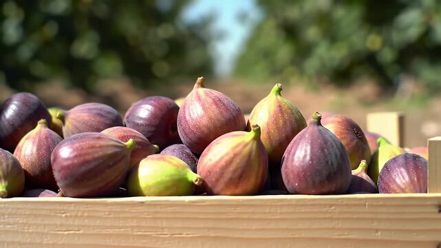 Abundance of Fresh Purple and Green Figs in Wooden Crate Against Blurred Green Tree Background
