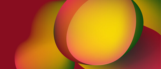 Abstract fluid shapes blend, creating vibrant color gradients. Red, orange, yellow, green hues dominate composition. Smooth transitions define forms.