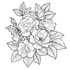 Detailed Hand-Drawn Floral Illustration of Rose Bouquet in Black and White