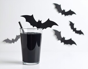 Black beverage in a glass with a straw and a paper bat decoration creates an eerie scene with more bats flying on a white background.