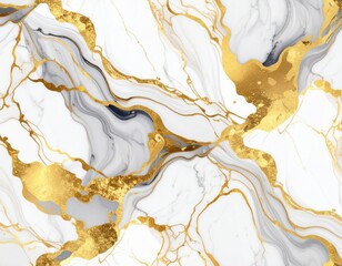 Smooth white marble texture displays shimmering gold and flowing grey patterns, creating an abstract and luxurious natural stone background.