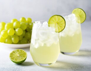 Two refreshing pale green drinks stand on a light table with lime slices and surrounded by fresh grapes and a half lime.