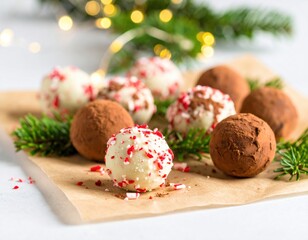 Sweet festive chocolate and white truffles coated in rich cocoa and vibrant candy cane bits are shown on brown parchment paper with green pine branches.