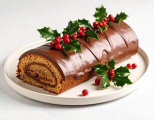 Rich chocolate log cake is elegantly displayed with vibrant green holly leaves and bright red berries on a white plate for festive celebration.