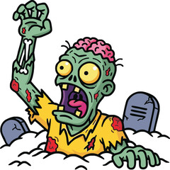 Naklejka premium A cartoon zombie with a green, decaying body and exposed brain emerges from a grave, reaching out with a tattered sleeve and a broken bone.