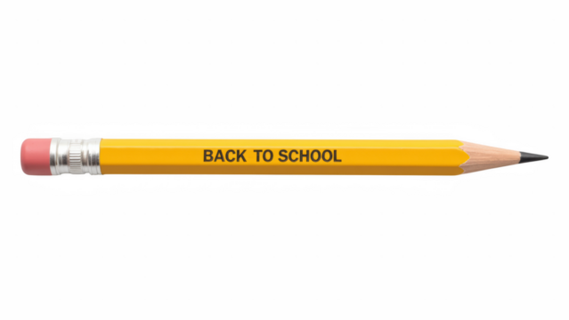Yellow pencil with eraser, featuring phrase BACK TO SCHOOL printed on its side, symbolizes education and learning
