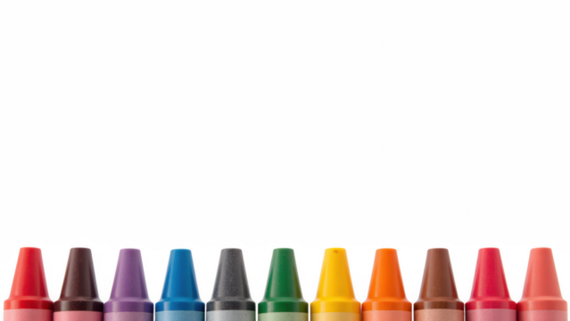 Colorful crayons arranged in row, showcasing variety of vibrant hues perfect for artistic expression and creativity