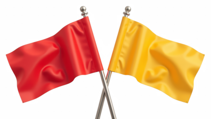 Red flag and yellow flag crossed, symbolizing warning and caution. flags are made of fabric, displaying vibrant colors and smooth textures