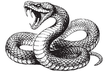 black and white aggressive snake, open mouth showing fangs, dangerous snake in attack pose, detailed reptile art