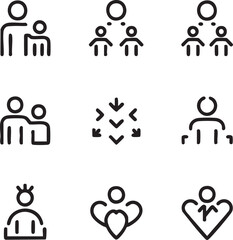 Family and social connection vector icon set minimalist line style parent,children,group,people network,community,social relationships,influence,support,love,heart
