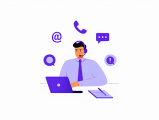 Customer service representative with communication icons and laptop