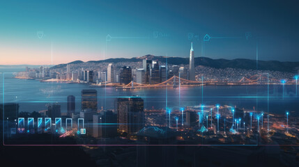 A double-exposure image of San Francisco’s skyline and financial data, merging skyscrapers and stock charts to highlight America’s role in digital finance and urban innovation