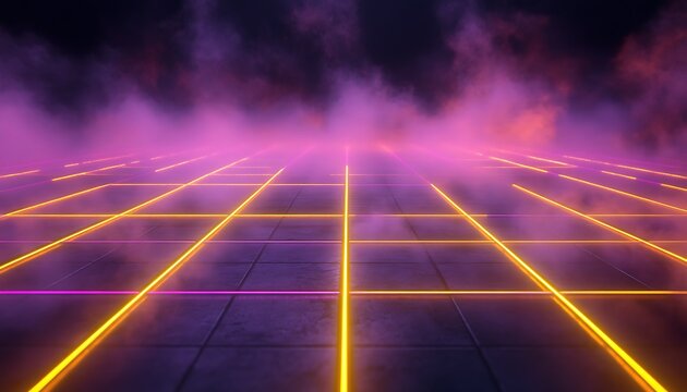 Dark Vapor Grid with Fluorescent Yellow Lines and Misty Neon Backdrop