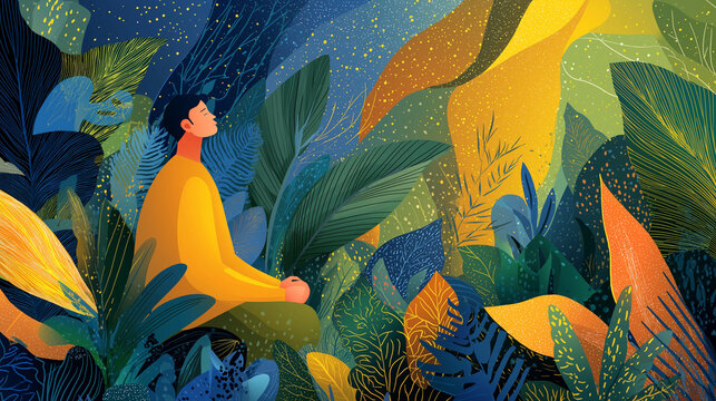 Serene Meditation in Nature: A figure immersed in peaceful meditation within a lush, vibrant garden setting, surrounded by diverse foliage. Capturing moments of tranquility.