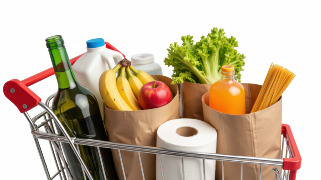 Fresh groceries in shopping cart include fruits, vegetables, beverages, and household items, creating vibrant and healthy shopping experience
