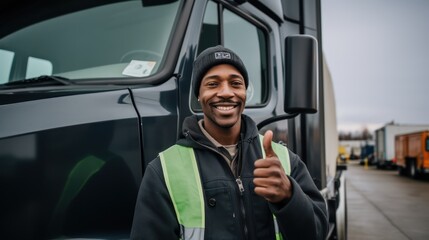 A smiling man in a black jacket and hat, standing in front of a black truck with a green safety vest, giving a thumbs-up.