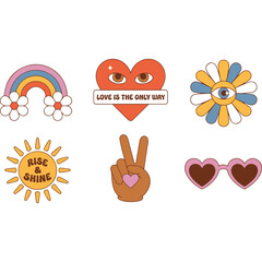 Set of groovy 70s retro stickers with love, peace, and psychedelic symbols