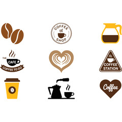 Vector collection of various coffee shop icons including latte art and takeaway cup