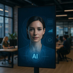 AI virtual assistant chatbot interface on modern desktop monitor inside contemporary tech office setup
