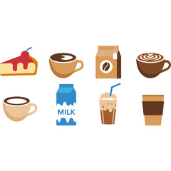 Set of flat vector icons for coffee shop and dessert cafe including cheesecake and latte art