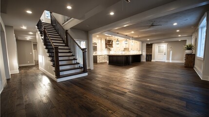 Luxurious Home Interior Featuring an Open Kitchen, Elegant Staircase, and Polished Hardwood Floors
