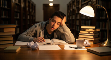 Exhausted student studying late into the night, struggling to focus in a library setting