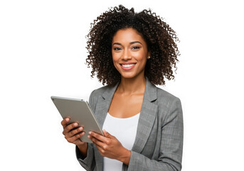 Woman smiles holding digital tablet device on transparent background