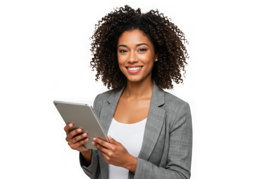 Woman smiles holding digital tablet device on transparent background