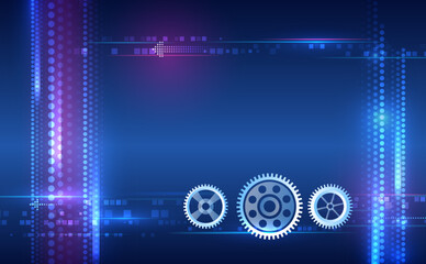 Futuristic tech background with glowing gears, digital elements and bright neon lines. Perfect for projects related to innovation, engineering or automation. For high-tech banner and presentation.