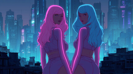Twins in neon outlines embody cosmic energy as they stand against a vibrant city skyline during Gemini season