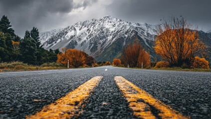 Mountain road, autumn colors, wet asphalt