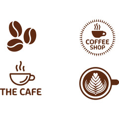 Set of minimalist coffee shop logos and icons including coffee beans and latte art vector illustrations