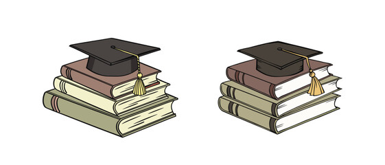 Two stacks of academic books topped with graduation caps isolated on white background silhouette