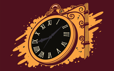 Abstract grunge splatter analog clock frame with orange and black accents