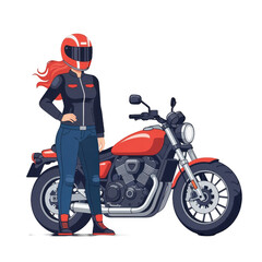 Fototapeta premium A confident woman biker stands beside her stylish red motorcycle, ready for a ride.