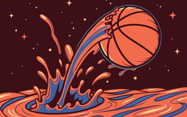 Dynamic orange and blue water droplet splash on starry night sky.