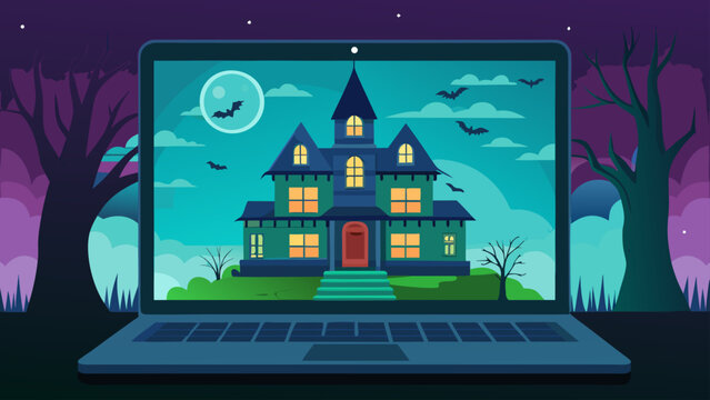 Laptop screen displaying a spooky haunted house with bats and a full moon in a halloween themed scene