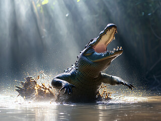 American crocodile emerging from murky water with open jaws