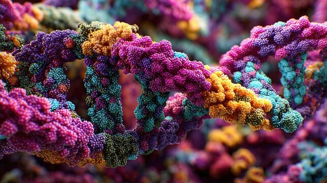 Colorful DNA strands in a vibrant, abstract representation. The structure showcases intricate details and a mix of purple, blue, and orange hues. - Powered by Adobe