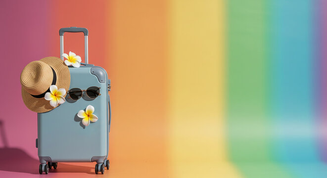 Travel carrier, Hawaiian flowers, sunglasses and hat on a light background - tropical mood
