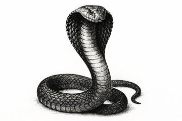 Fototapeta premium black and white venomous cobra with spread hood, close up of snake face and hood detail, serpent illustration